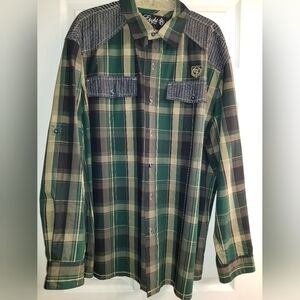 Men's 8732 & Co Plaid Utility Cargo Denim Patch Long Sleeve Button Up Shirt 2XL